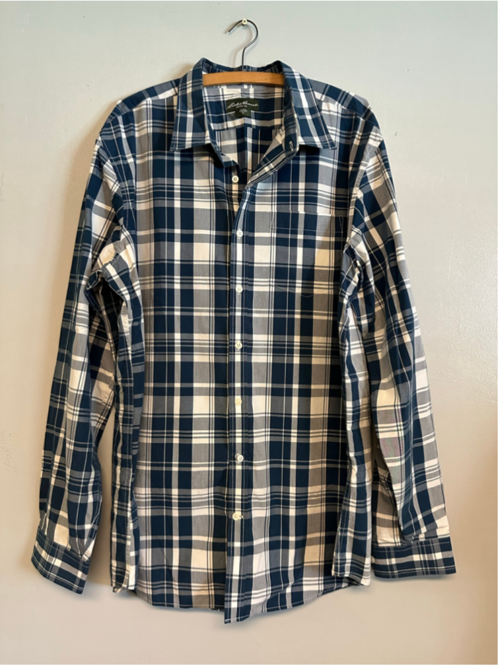 Eddie Bauer Plaid Button Down Shirt XL Tall Blue White Long Sleeve 100% Cotton